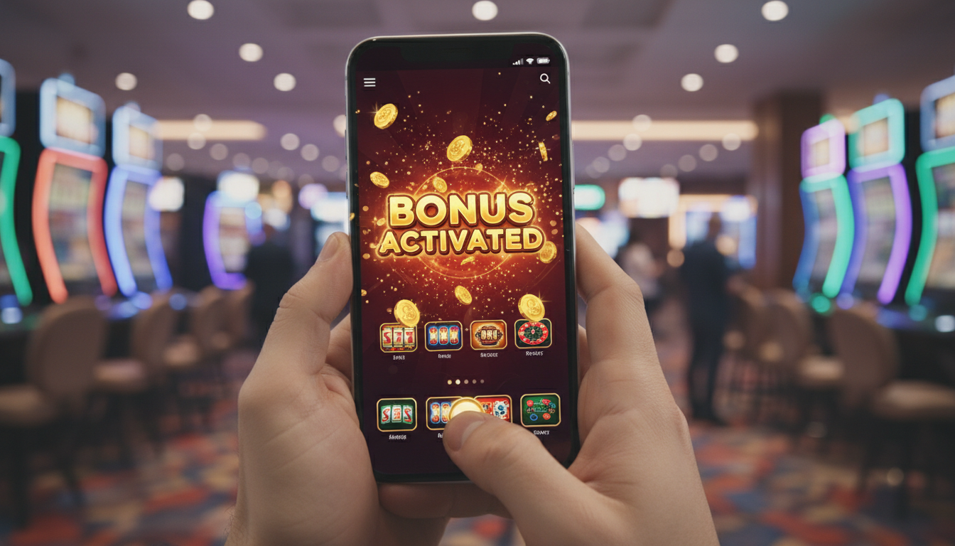 Kobieta trzymająca smartfon z aktywnym bonusem kasynowym