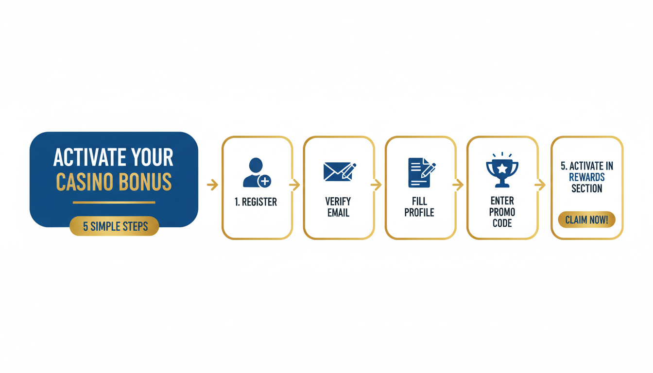 Infografika pokazująca proces aktywacji bonusu bez depozytu w kasynie