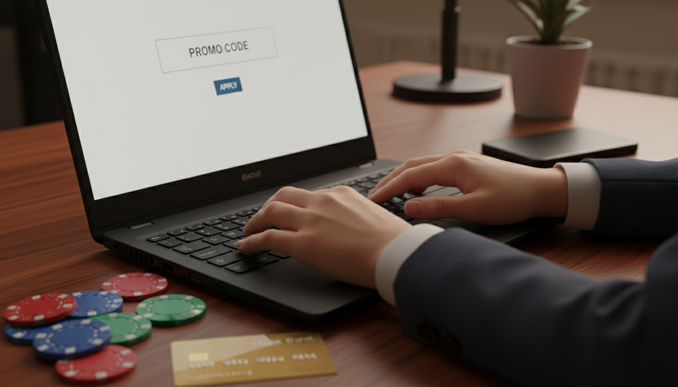 Person typing a promo code on a laptop with casino chips on the desk