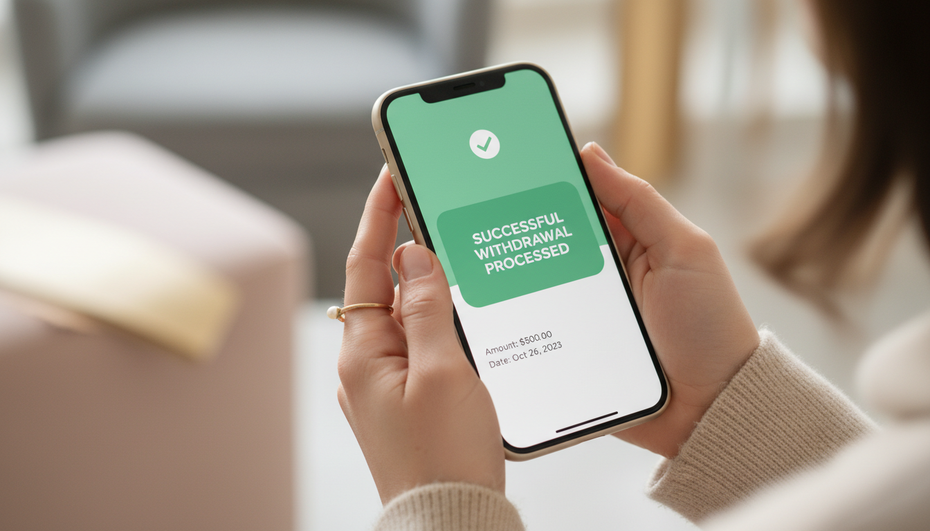 Zadowolony gracz trzymający smartfon z powiadomieniem o wygranej
